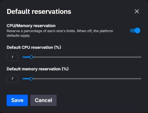 The Default reservations dialog: the CPU/Memory reservation toggle and the default CPU and memory reservation percentages
