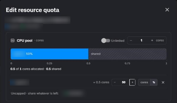 Edit resource quota dialog: a 1-core CPU pool, one environment capped at 50% of the pool, and one environment left uncapped
